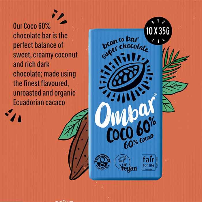 Ombar - Organic Coconut 60% Raw Chocolate Bar, 35g  Pack of 10 - Back