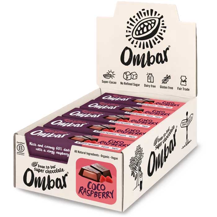 Ombar - Organic Coconut Raspberry Filled Chocolate Bar, 42g  Pack of 15