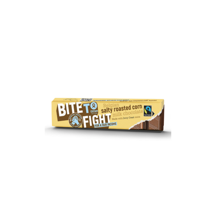 Oxfam Fair Trade - Bite to Fight Milk Choc Corn Sea Salt, 45g  Pack of 35