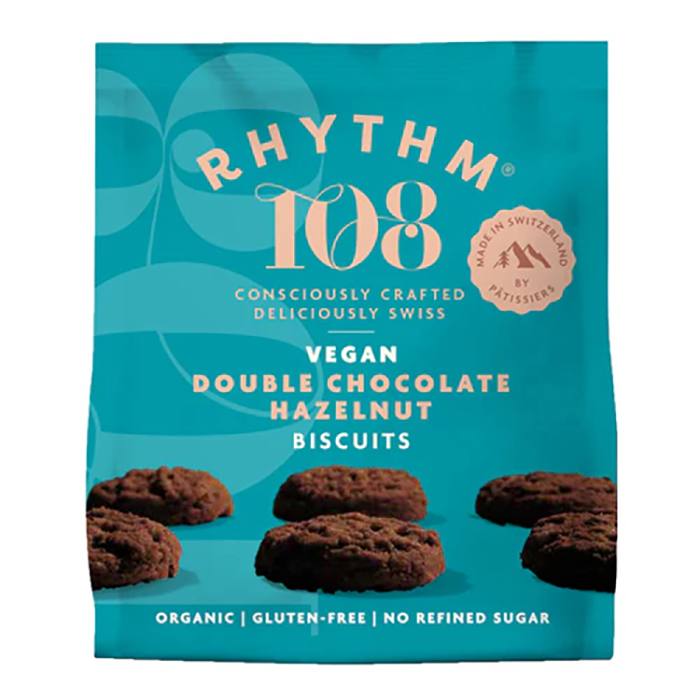 Rhythm 108 - Organic Tea Biscuit - Double Chocolate Hazelnut Sharing Bag, 160g - Pack of 8