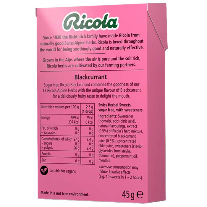 Ricola - Sugar Free Blackcurrant Box, 45g  Pack of 20 - Back