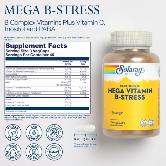 Solaray - Mega Vitamin B-Stress, 120 Veg Capules - back