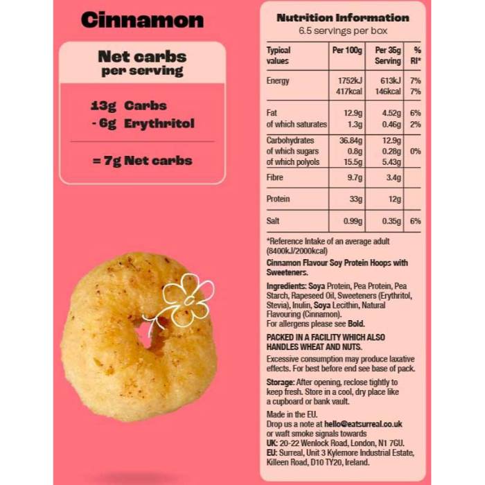 Surreal - Cinnamon Flavoured High Protein Cereal, 240g - Back