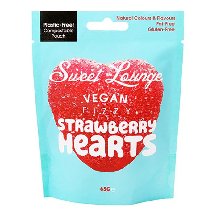 Sweet Lounge - Vegan Fizzy Strawberry Hearts Pouch 65g - Pack of 10