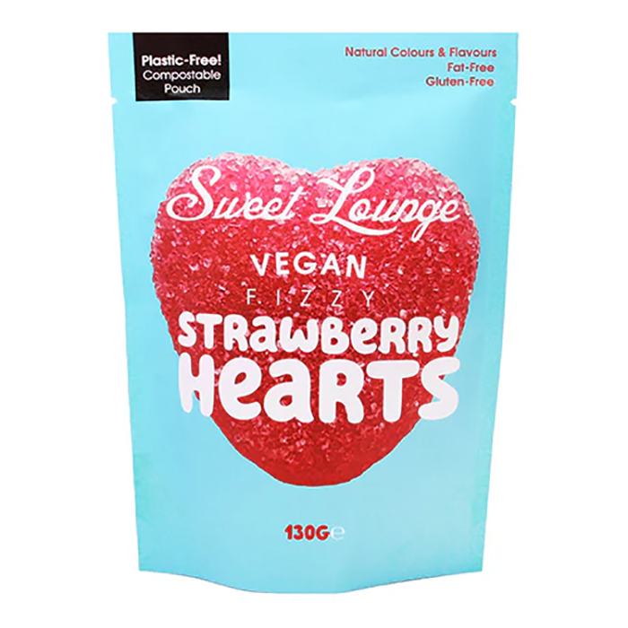 Sweet Lounge - Vegan Fizzy Strawberry Hearts Pouch, 130g - Pack of 8