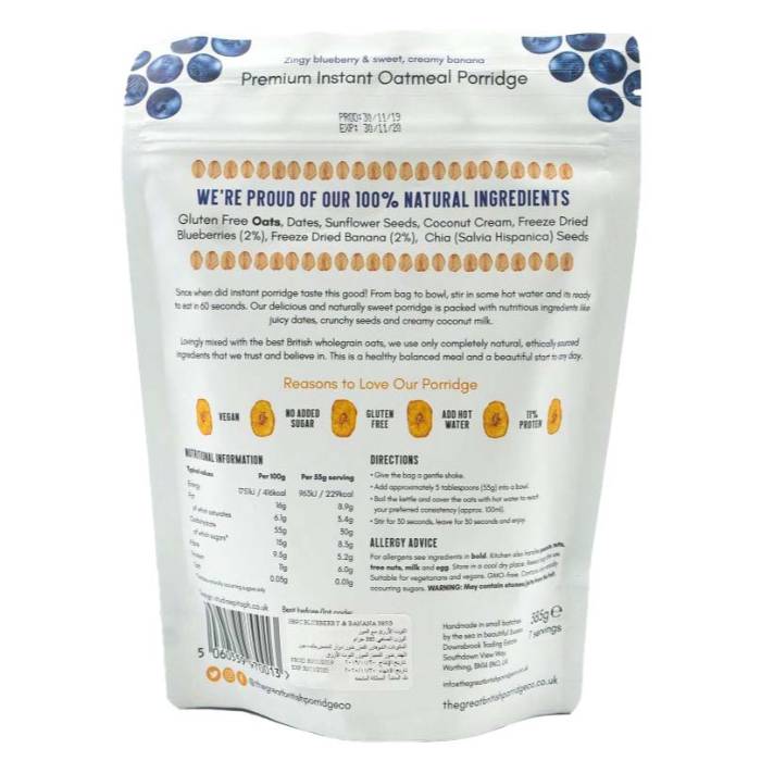 The Great British Porridge Co - Blueberry & Banana Porridge, 385g - Back