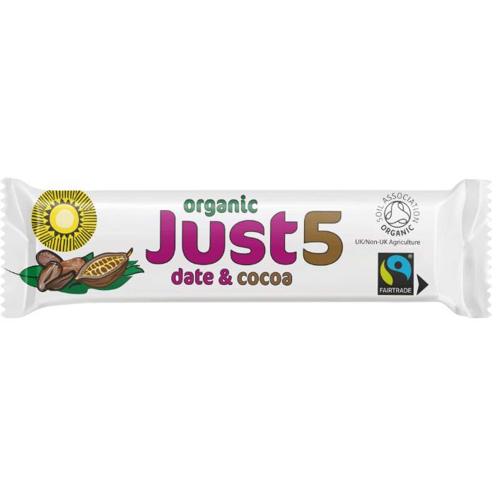 Tropical Wholefoods - Just5 Organic & Fairtrade Date & Cocoa Bar, 40g  Pack of 18