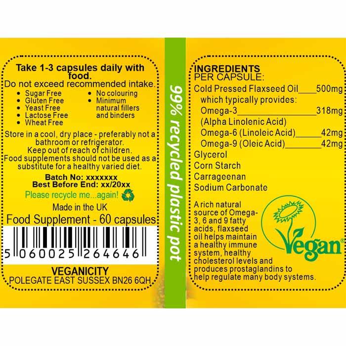 Veganicity - Flaxseed Oil 500mg, 60 Veg Capules - back