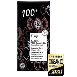 Vivani - Organic Superior Dark 100% Chocolate with Cocoa Nibs, 80g | Pack of 10