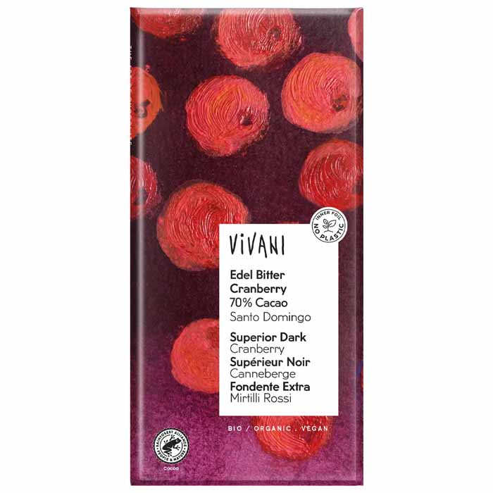 Vivani - Organic Superior Dark Choc with Cranberries & Cacao, 100g  Pack of 10