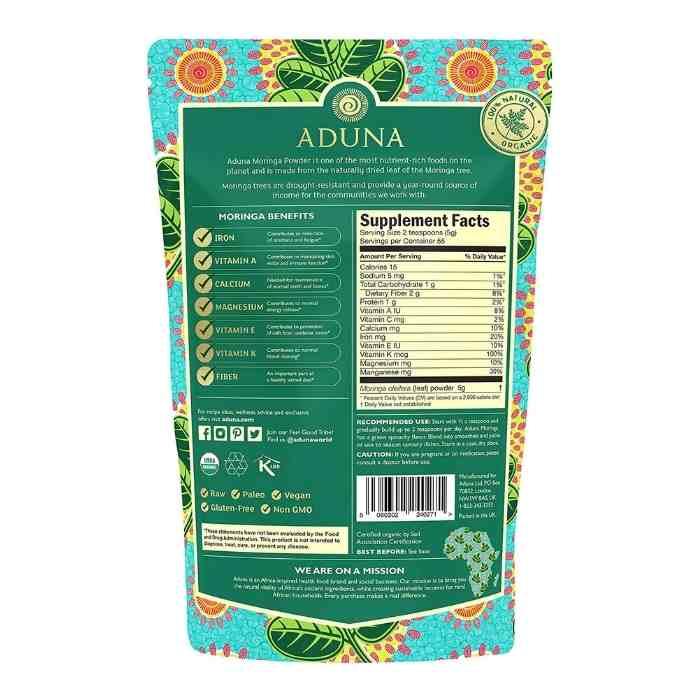 Aduna - Moringa Superleaf Powder, 275g - Back