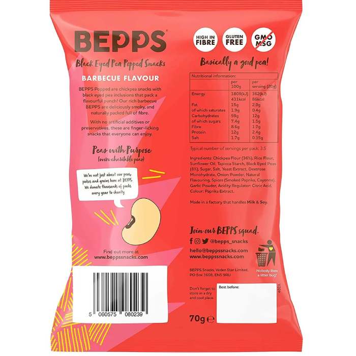 Bepps - Black Eyed Pea Popped Snacks BBQ, 70g back
