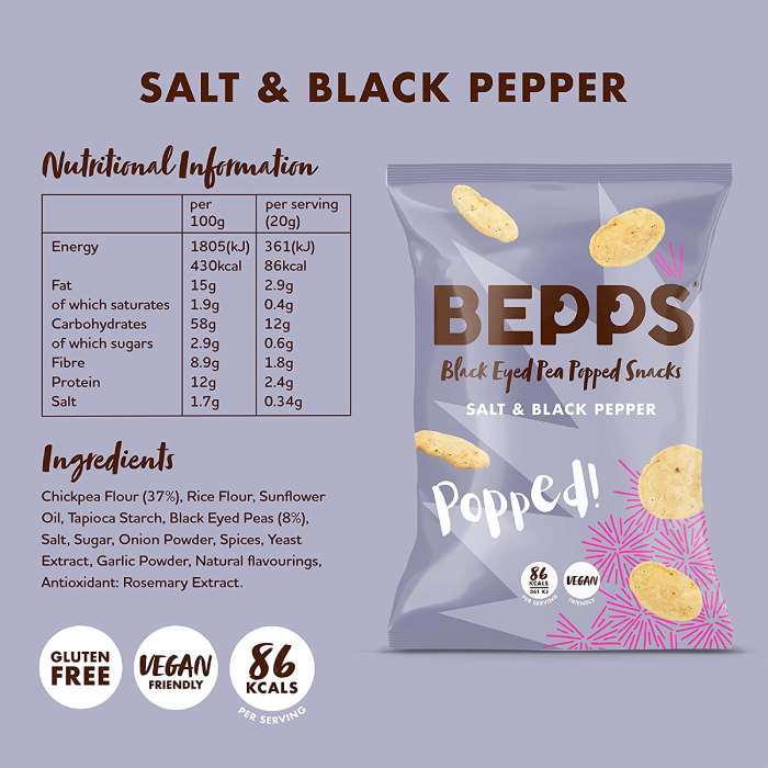Bepps - Black Eyed Pea Popped Snacks Salt & Pepper, 20g facts
