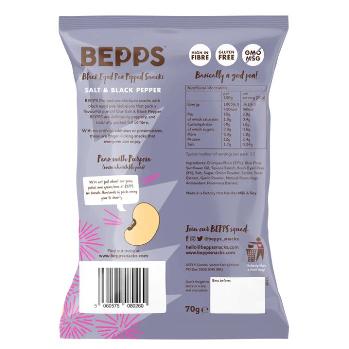 Bepps - Black Eyed Pea Popped Snacks Salt & Pepper, 70g 