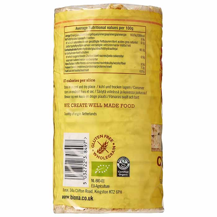 Biona - Organic Corn Cakes No Salt - 1-Pack, 110g  - back