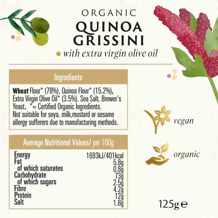 Biona - Organic Grissini with Extra Virgin Olive Oil - Quinoa, 125g - back