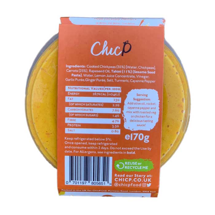 ChicP - Carrot Ginger & Turmeric Hummus, 170g - back