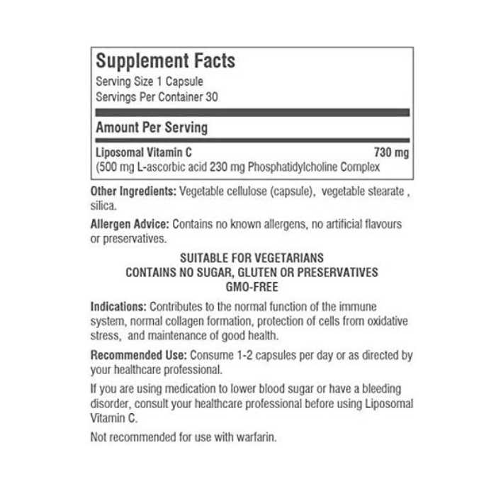 Coyne Healthcare - Liposomal Vitamin C Supplement, 30 Veg Capsules - Supplement Facts