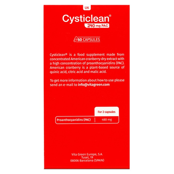 Cysticlean - Cysticlean 240mg PAC, 60 capsules_Back
