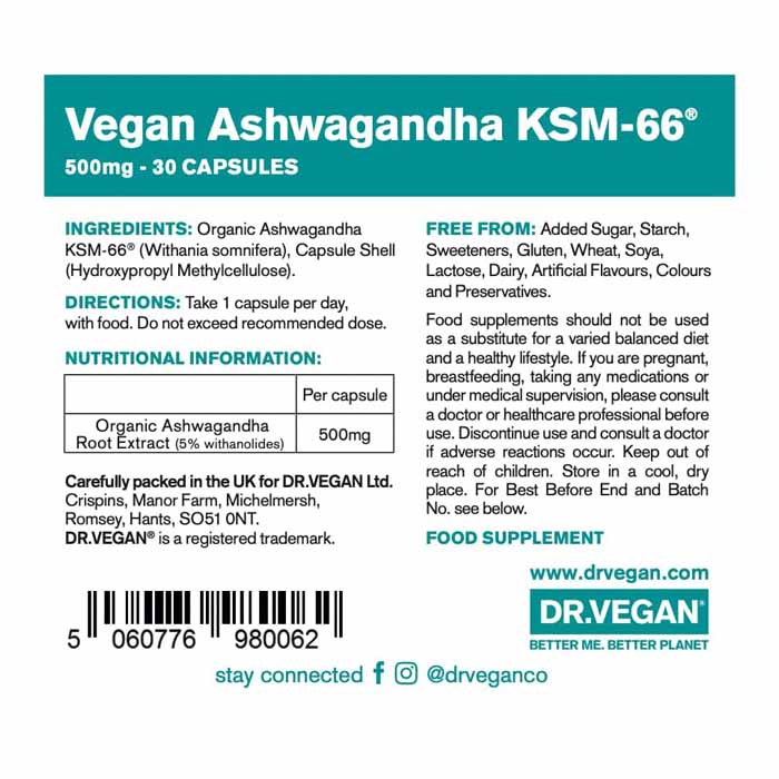 DR.VEGAN - Ashwagandha KSM-66 500mg, 30 Capsules - back