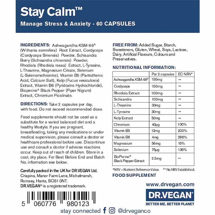 DR.VEGAN - Stay Calm Manage Stress & Anxiety, 60 Capsules - back