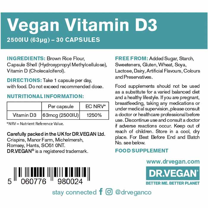 DR.VEGAN - Vitamin D3 2500iu, 30 Capsules - back