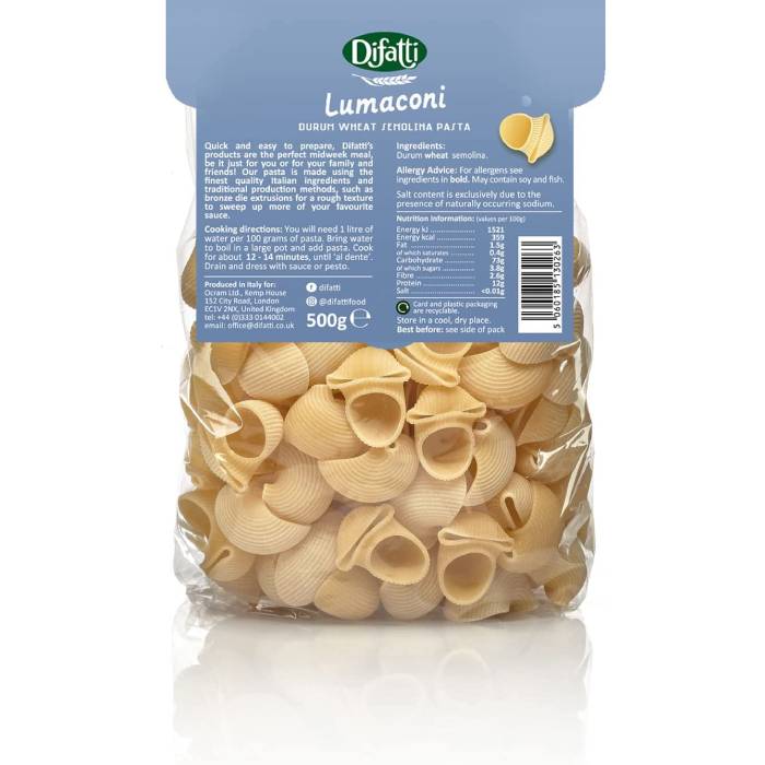 Difatti - Durum Wheat Lumaconi Pasta, 500g back