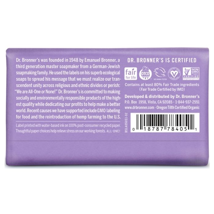Dr. Bronner's - Pure-Castile Lavender Bar Soap, 140g - back