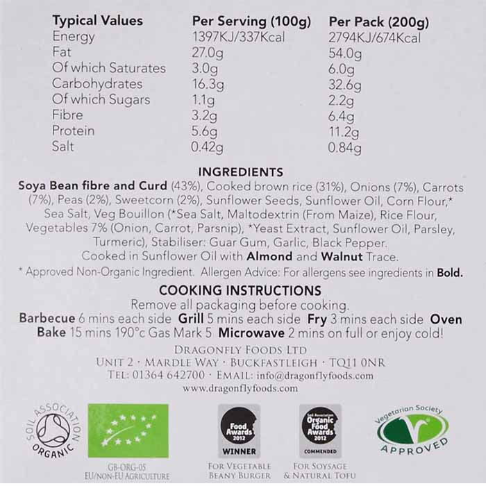 Dragonfly - Country Vegetable Organic Burgers, 200g - back