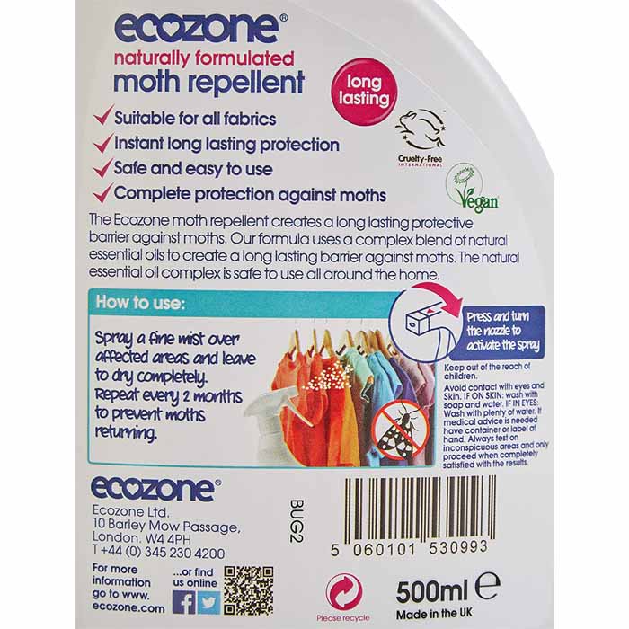 Ecozone - Naturally Formulated Moth Repellent Spray, 500ml - back