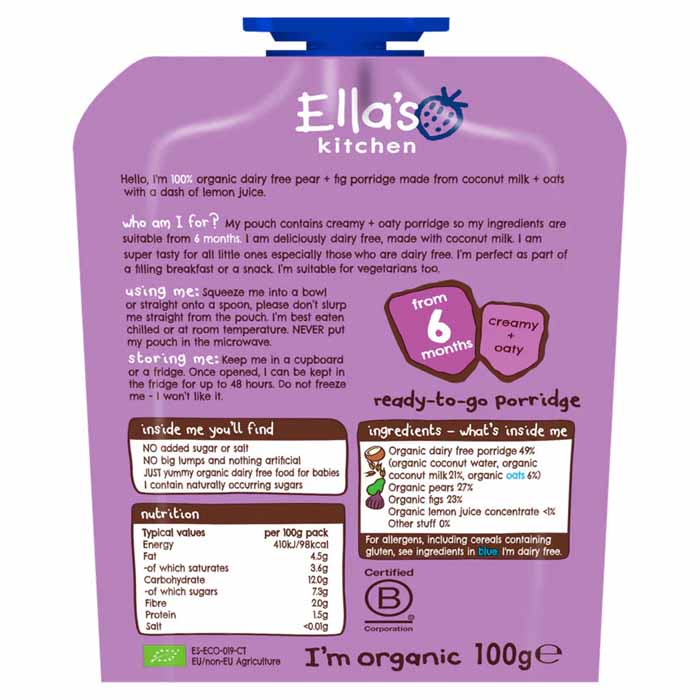 Ella's Kitchen - Organic Dairy Free Pear and Fig Porridge, 100g  Pack of 6 - back