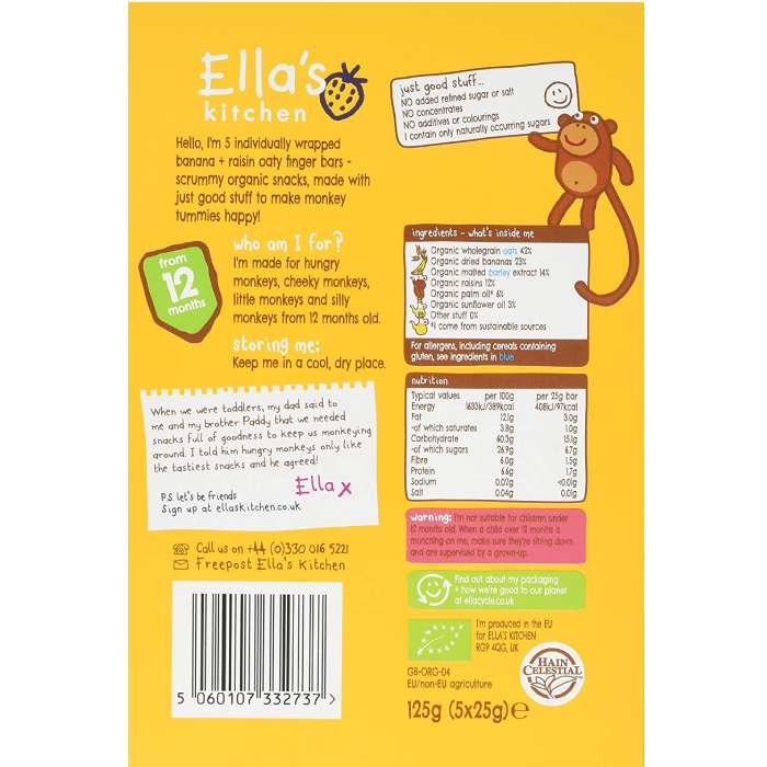 Ella's Kitchen - Organic Nibbly Fingers Banana & Raisin, 125g back