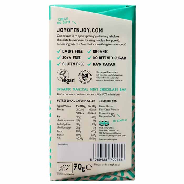 Enjoy! - 70% Dark Chocolate Bar - Magical Mint (1 Bar), 70g - back