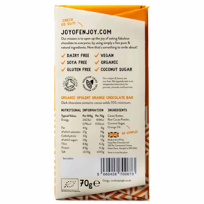 Enjoy! - 70% Dark Chocolate Bar - Opulent Orange (12 Bars), 70g - back