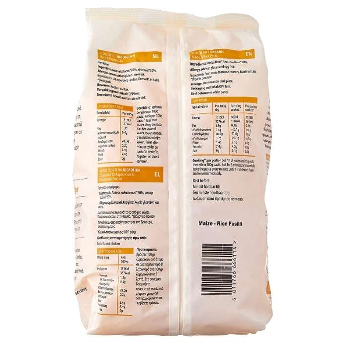 Freee - Organic Gluten-Free Maize & Rice Pasta Fusilli, 500g - back