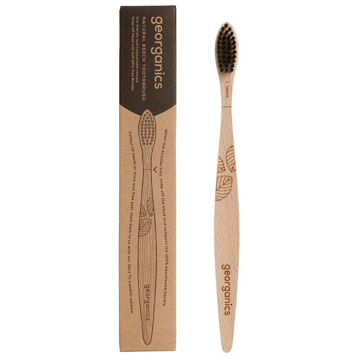 Georganics - Beechwood Toothbrush, Eco-Friendly & Compostable - Soft Charcoal Bristles