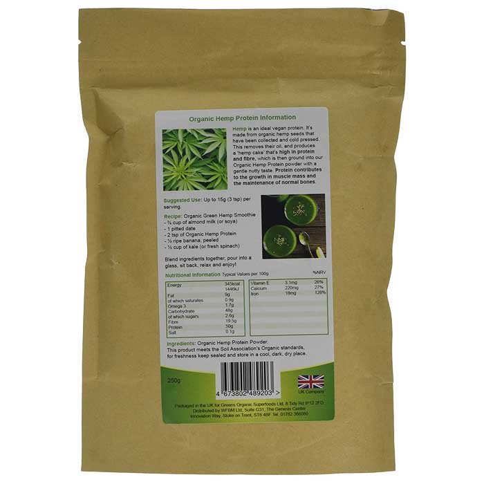 Golden Greens Organic - Organic Hemp Protein Powder, 250g - back