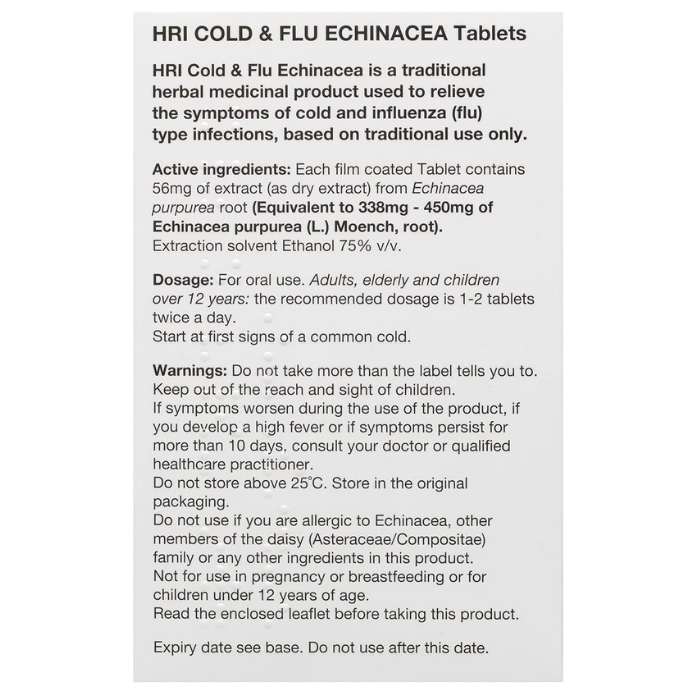 HRI - Cold & Flu Echinacea 75mg, 30 Tablets - instruction