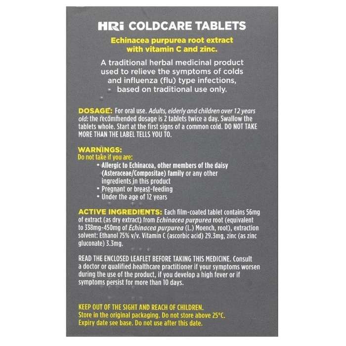 HRI - Coldcare Echinacea with Zinc & Vitamin C, 30 Tablets - back