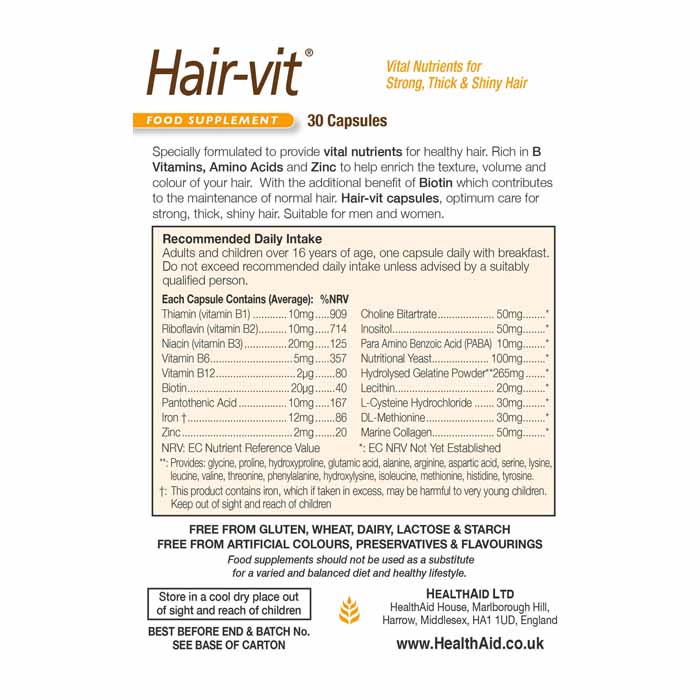 Health Aid - Hair-Vit Blister ,30 Capsules - back