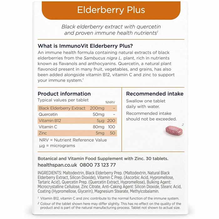 Healthspan - ImmunoVit Elderberry Plus, 30 Tablets - back