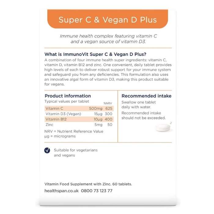 Healthspan - Immunovit Super C & Vegan D Plus, 60 Tablets back