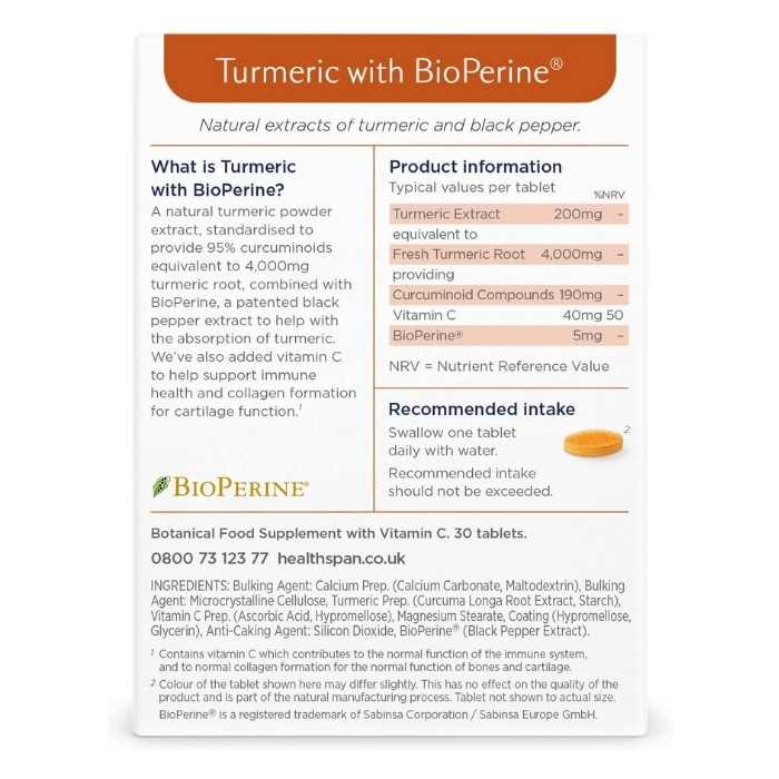 Healthspan - Turmeric with Bioperine, 30 Tablets back