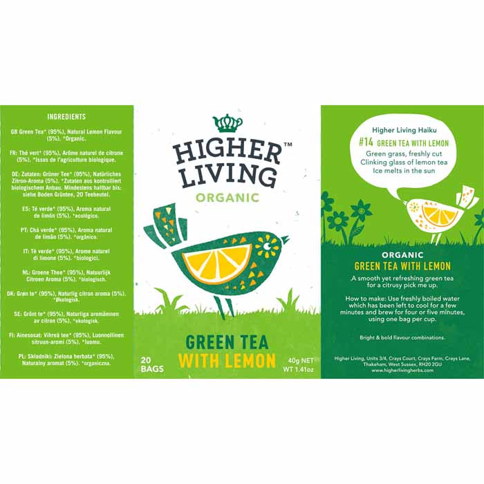 Higher Living - Organic Green Tea Lemon, 20 Bags - back