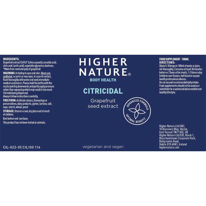 Higher Nature - Citricidal Grapefruit Seed Extract, 100ml - back