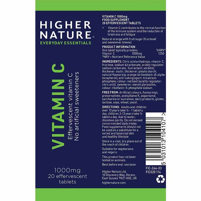 Higher Nature - Fizzy C Effervescent Vitamin C, 20 Tablets - back