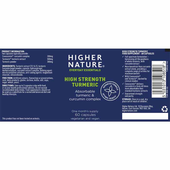 Higher Nature - High Strength Turmeric, 60 Capsules - back