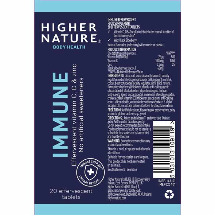 Higher Nature - Immune Effervescent Elderberry Flavour, 20 Tablets - back
