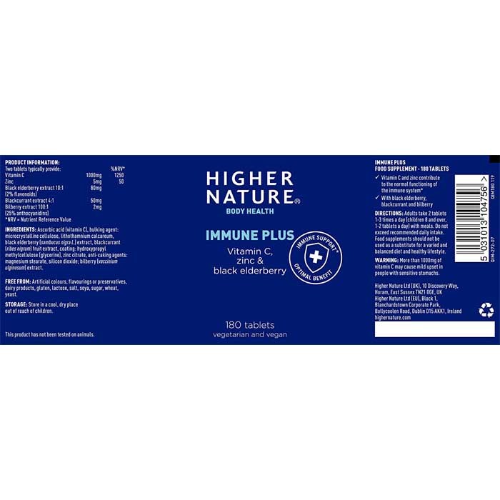 Higher Nature - Immune Plus, 90 Tablets - Back