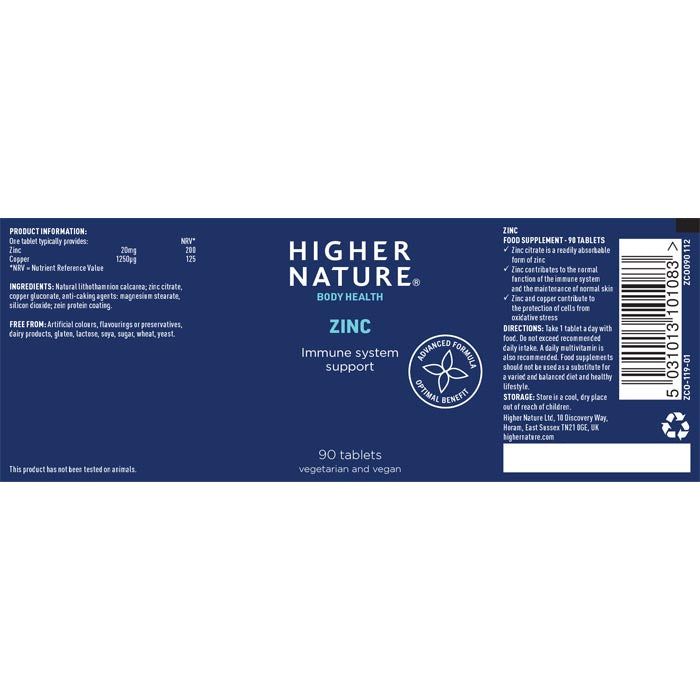 Higher Nature - Zinc, 90 Tablets - back